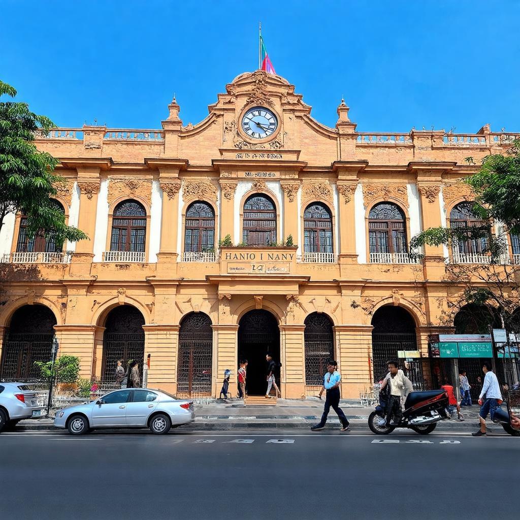 Ga Hà Nội nhìn từ mặt trước Lê Duẩn, kiến trúc Pháp cổ kính, sầm uất.